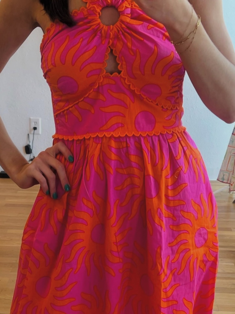 NWT J.Marie Mara Ric Rac Halter Midi Dress Pink Orange Sun Print Sz S - Picture 7 of 8